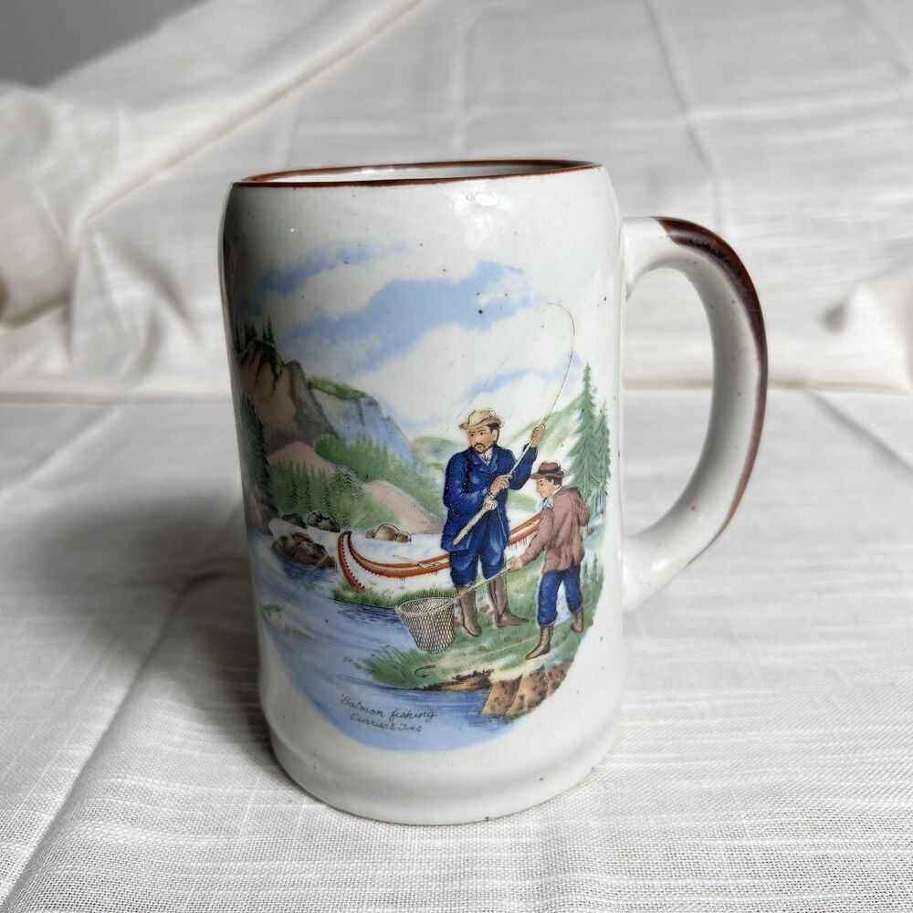 VTG Currier And Ives Salmon Fly Fishing Scene Large Coffee Mug H 5” x 3” Korea